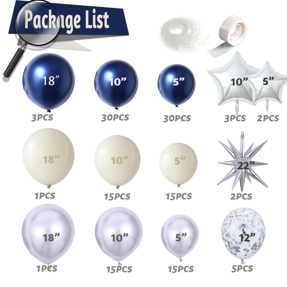 Navy Blue Sliver Sand white Balloon Garland Arch Kit, Royal Blue White Metallic Sliver Confetti Mixed Sizes Balloons for Anniversary Baby Shower Wedding Birthday Party Decorations