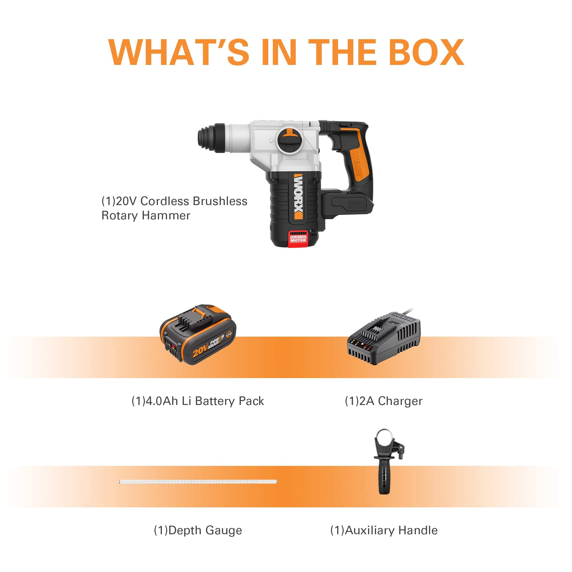 WORX Martello perforatore a batteria WX380.1, Powershare, 4,0 Ah, motore senza spazzole, tecnologia anti-vibrazione