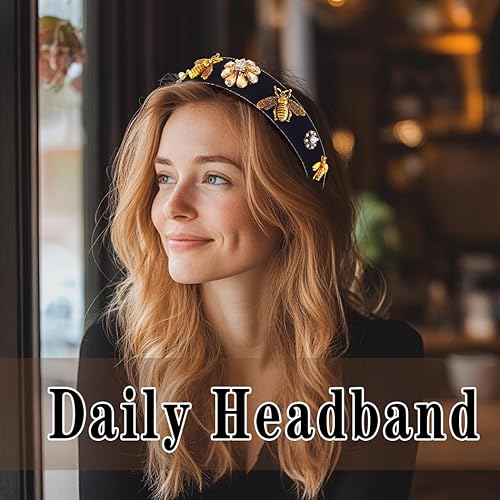 Miniatura 7 de Coridy Diadema Barroca Negra con Perlas y Diamantes de Imitación, Banda para el Cabello con Cuentas, Hecha a Mano, Aro de Terciopelo para el