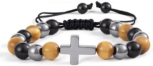 Laeclily Cross Bracelet for Men Tigers Eye Beaded Bracelets Crystal Stone Bracel