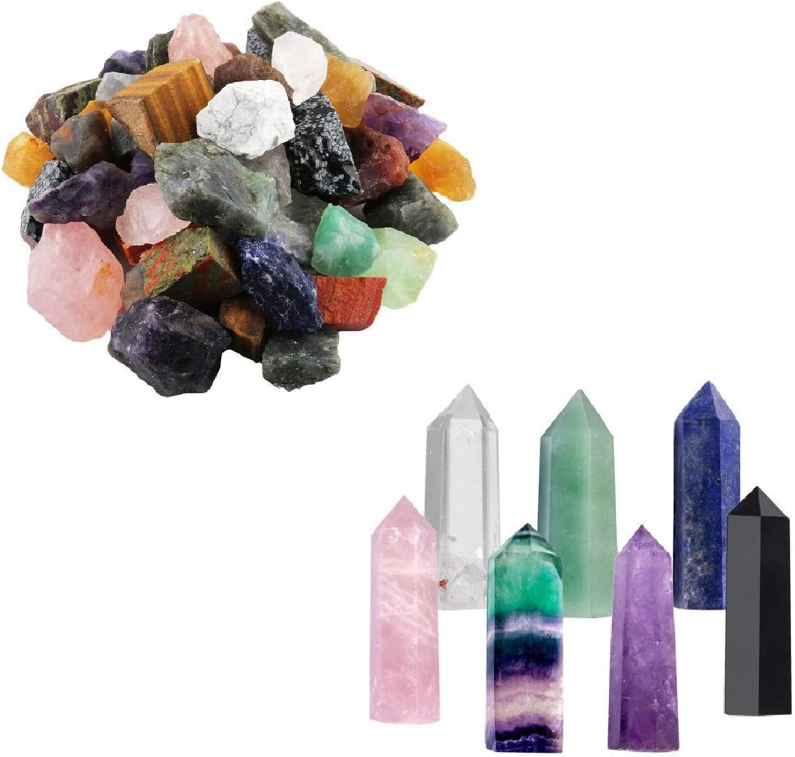 mookaitedecor Bundle - 2 Items: 1 lb Bulk Natural Raw Crystals Rough Stones & 7 PCS Healing Crystal Wands Reiki Stone for Meditation Therapy Decor