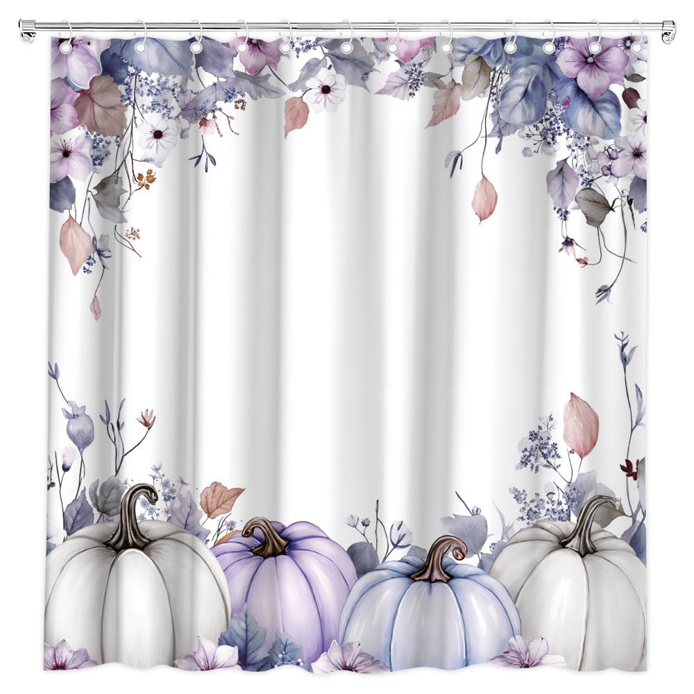 Fall Pumpkin Floral Shower Curtain Purple and Grey Pumpkins Maple Leaves Watercolor Autumn Plant Farmhouse Thanksgiving Harvest Bath Curtain Fabric