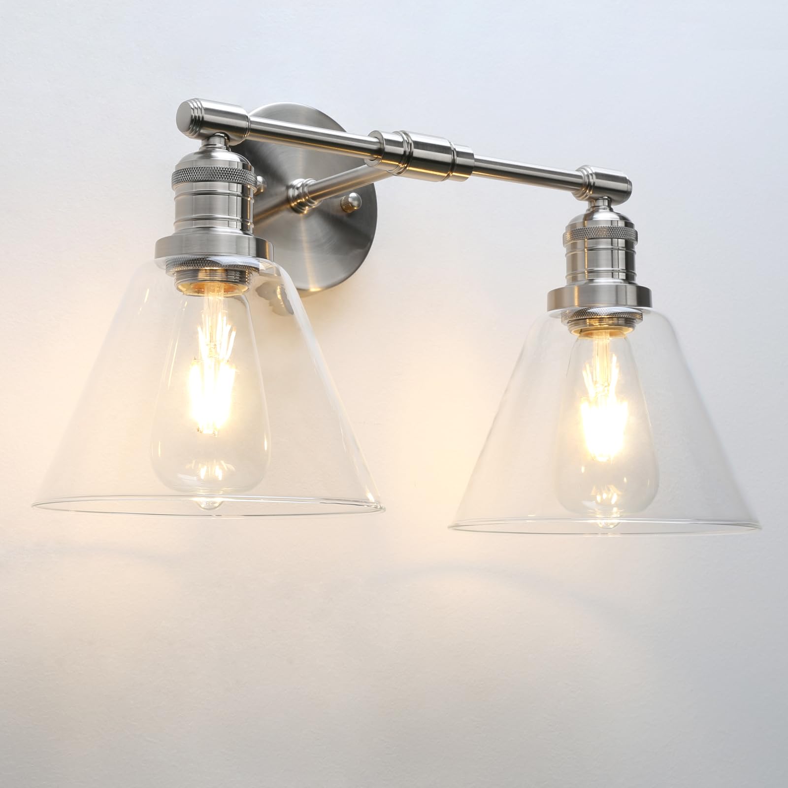 Phansthy Brushed Dual Light Vintage Wall Light 7.1" Diameter Funnel Glass Industrial Wall Sconce For Kitchen Living Room Hallway Bedroom Vanity Mirror Double Head Decorative Light (Brushed)