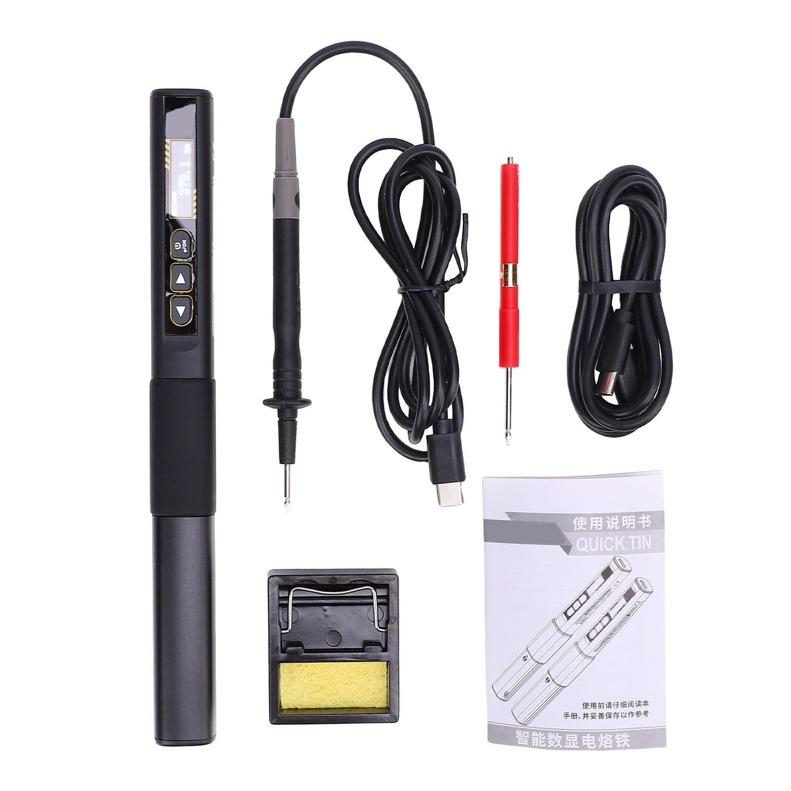 Kit saldatore portatile 2 in 1, display OLED, temperatura regolabile (Nera) | Riscaldamento rapido e spegnimento automatico con puntali per multimetro per test elettrici