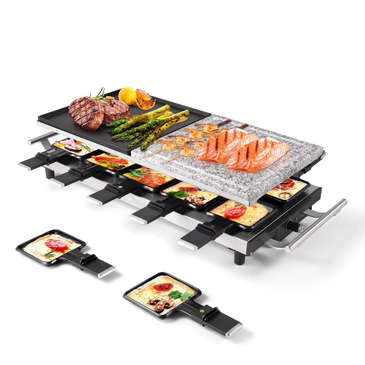 ProfiCook Grill raclette 2in1, raclette 10 persone, raclette con piano in pietra e piano cottura, antiaderente, impugnature isolate termicamente, termostato continuo,1700 Watt, acciaio inox,PC-RG 1144