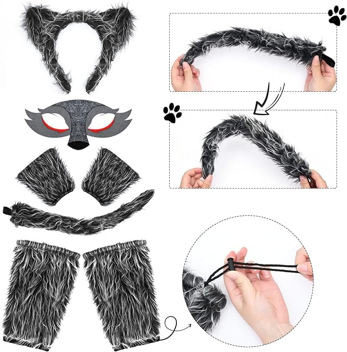 mefound 7Pcs Wolf Costume Set - Cute Animal Ear headband Masks Tail Glove and leg Warmers Cosplay Costume Fancy Dress Party - Image 4