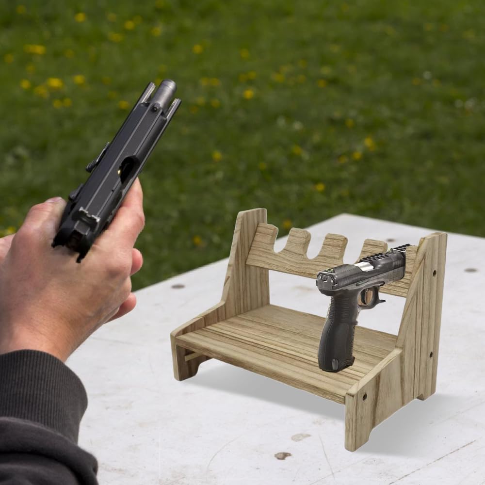 MiOYOOW Porta Pistola in Legno, Supporto per Pistole Contiene da 4 a 6 per Esposizione, Espositore per Pistola per Maggior Parte delle Pistole all'Interno