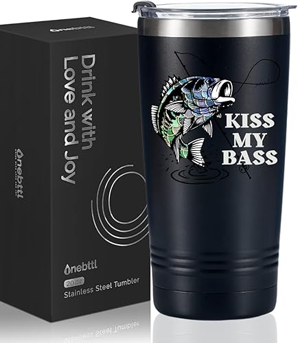 Onebttl Regalos de pesca de lubina para hombres, papá, abuelo, vaso de café de viaje, taza de acero inoxidable de 20 onzas para amantes de la pesca