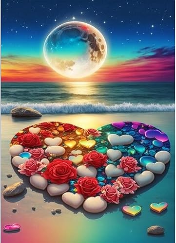 Kits de pintura de diamantes de playa con corazón para adultos, pintura romántica de diamante 5D con kit de pintura de diamantes para bricolaje,
