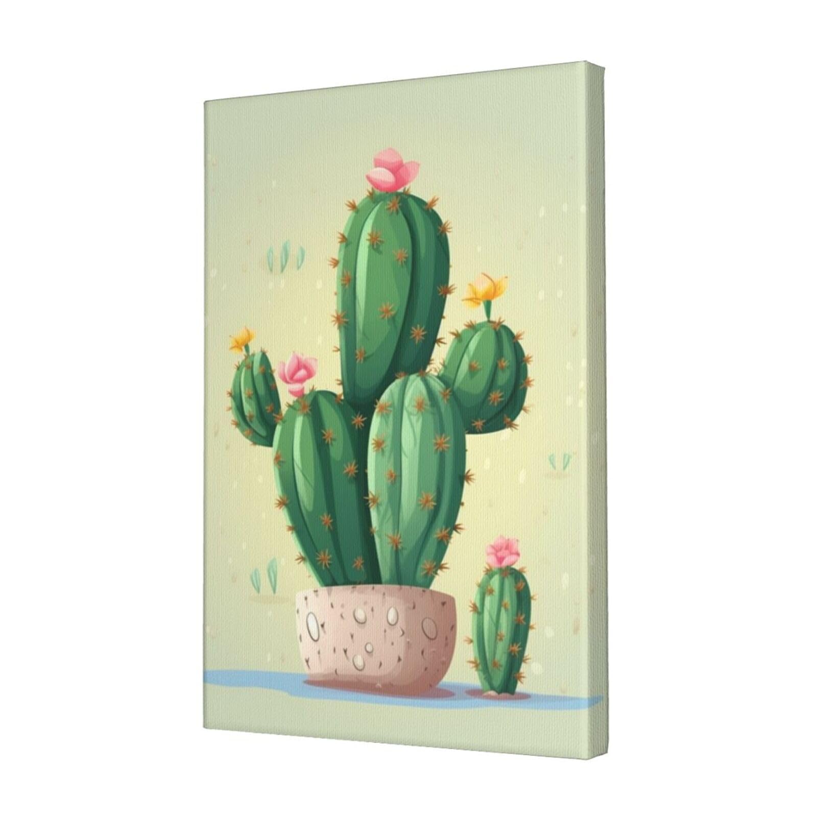 KLOPH Cute Cactus Canvas Wall Art for Living Room 12"x18" Modern Artwork Painting for Bathroom Hanging Canvas Prints Aesthetic Wallart for Bedroom Kitchen Office Wall Decor