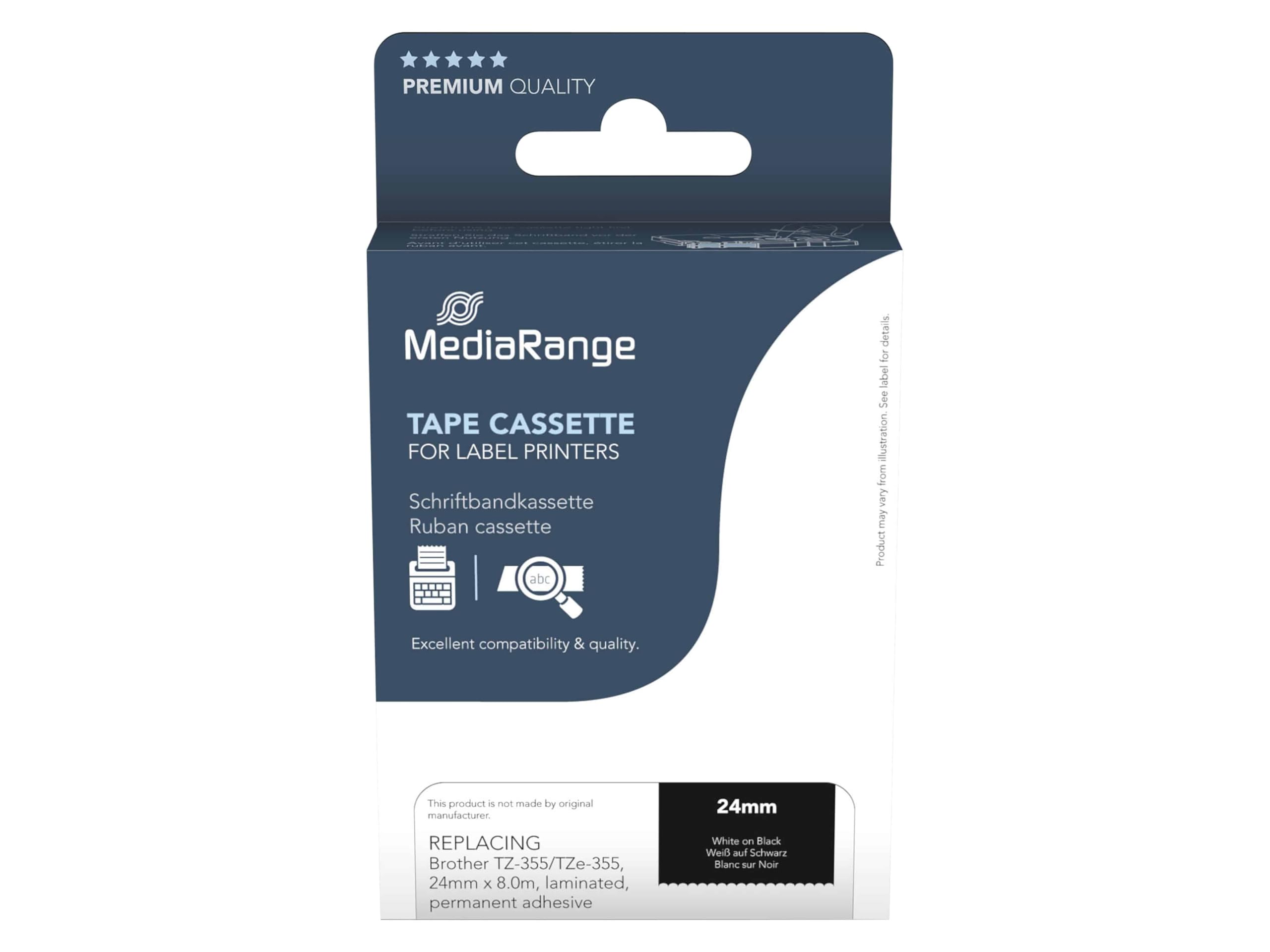 MediaRange Plastic Label Tape Cartridge for Brother TZ-355/TZe-355 Permanent Adhesive 24 mm 8 m Laminated White on Black
