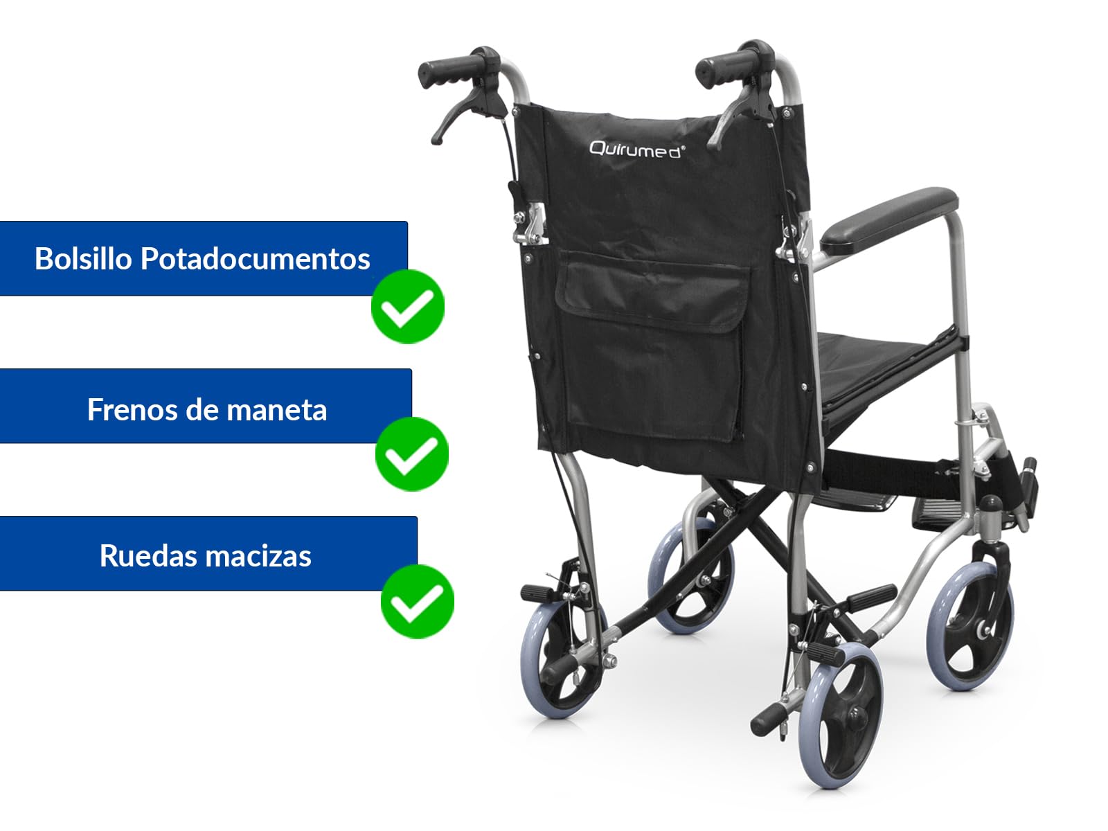 QUIRUMED Silla de ruedas para casa, ancho asiento 41 cm, silla de ruedas de tránsito, Ligera, Plegable, Bolsillo portadocumentos, Para mayores, Para minusválidos
