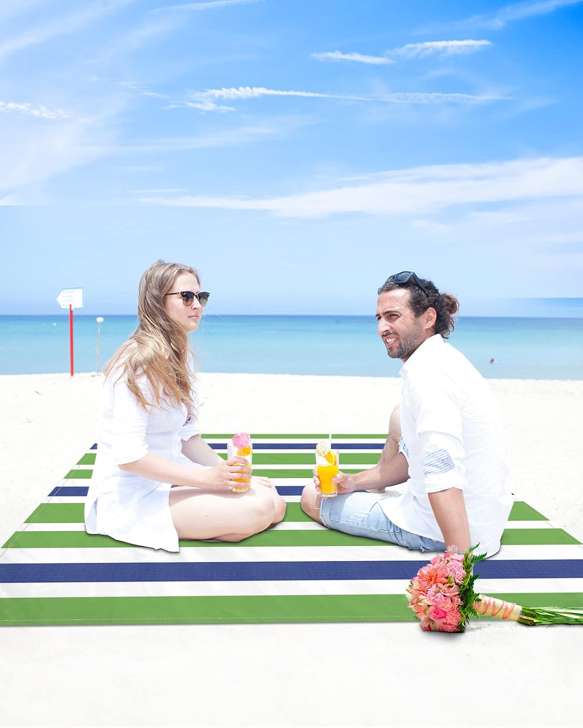 Blue Red Stripes Horizontal Line Beach Blanket Waterproof Sandproof Outdoor Picnic Mat 108"x84" Minimalist Lightweight Large Beaach Blankets with 4 Stake & 4 Corner Pockets