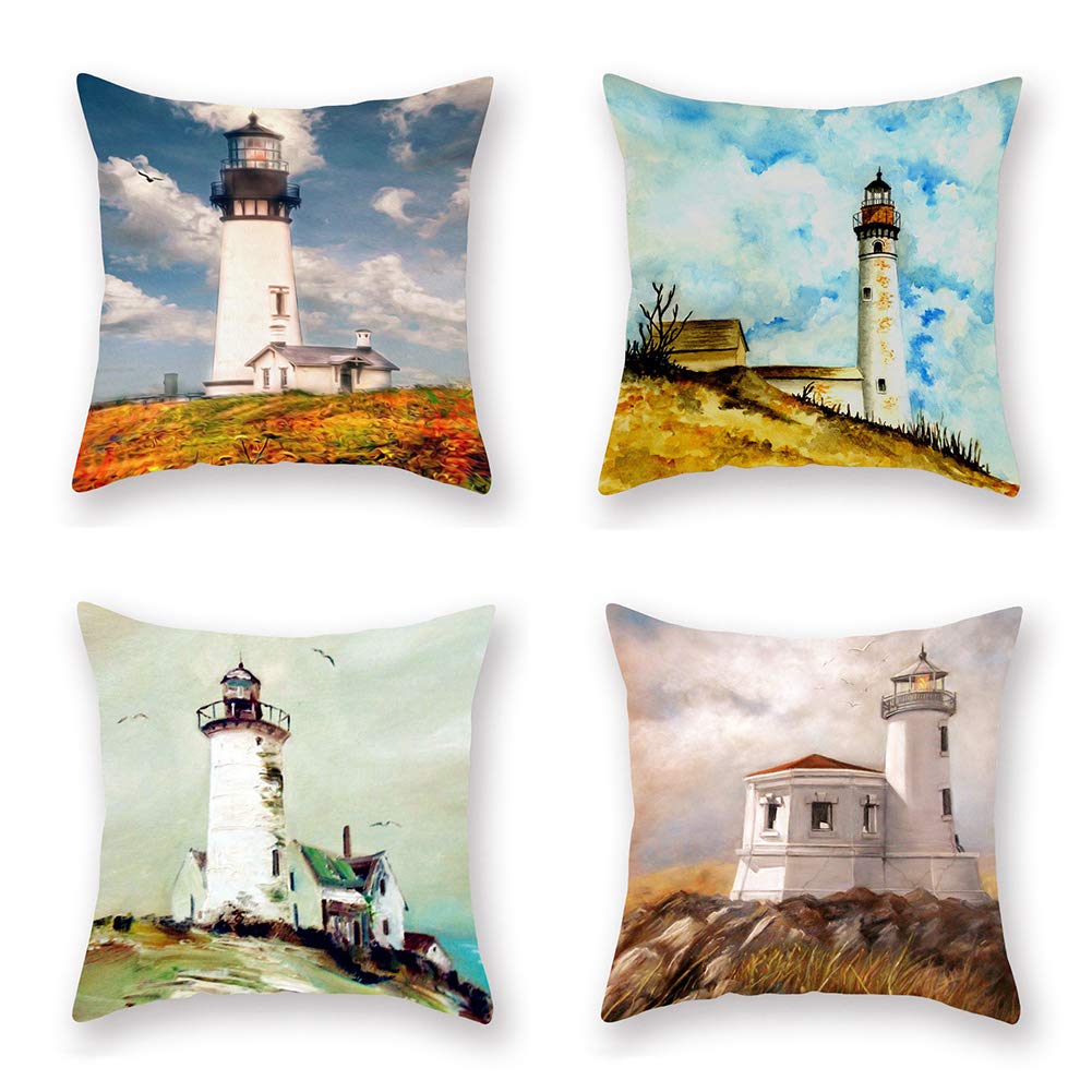 4 Pack Decorative Pillow Cover Waiting Lighthouse Throw Pillow Cases Home Decor Indoor Gift Kitchen Garden Sofa Bedroom Car Living Room 18"X18" Super Soft Pillowcase