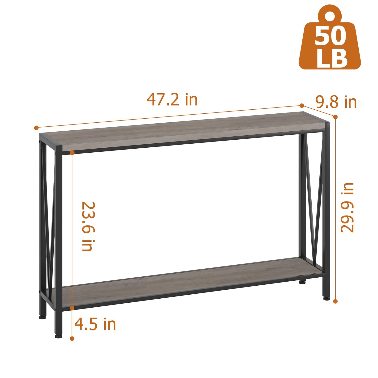 GarveeHome Tavolino d'Ingresso Stretto a Doppio Ripiano Grigio Retrò – Sottile in Stile Industriale Con Ripiani Portaoggetti Laterale Moderno Per Corridoio Adatto Soggiorno, e Ufficio