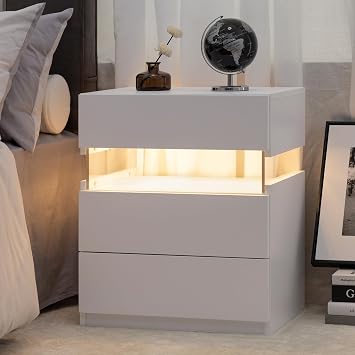 Lighted Nightstand with 3 Drawers, LED Lights with 3 Colors and Adjustable Brightness, Remote Control, 19.7" W x 14.6" D x 23.6" H, White