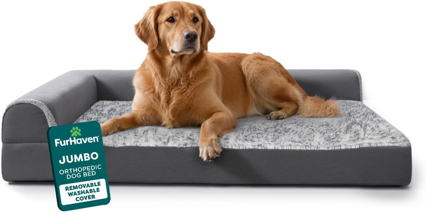 Furhaven Orthopedic Dog Bed for Large Dogs w/ Removable Bolsters & Washable Cover, For Dogs Up to 95 lbs - Two-Tone Plush Faux Fur & Suede L Shaped Chaise - Stone Gray, Jumbo/XL Jumbo Stone Gray