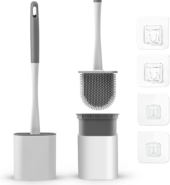 Premiware Silicone Toilet Brush with Quick Drying Holder Set - 2Pack, Bathroom Toilet Brushes set with No-Slip Silicone Handle, Loo Brushes with anti-drip base (Floor/Wall Mounted)