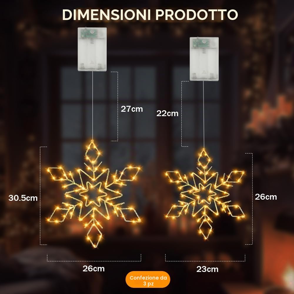 Luci natalizie per finestre, 3 pezzi, fiocchi di neve a LED, decorazione natalizia, decorazione natalizia, fiocco di neve, stella di Natale, finestra, finestra, decorazione natalizia per interni ed