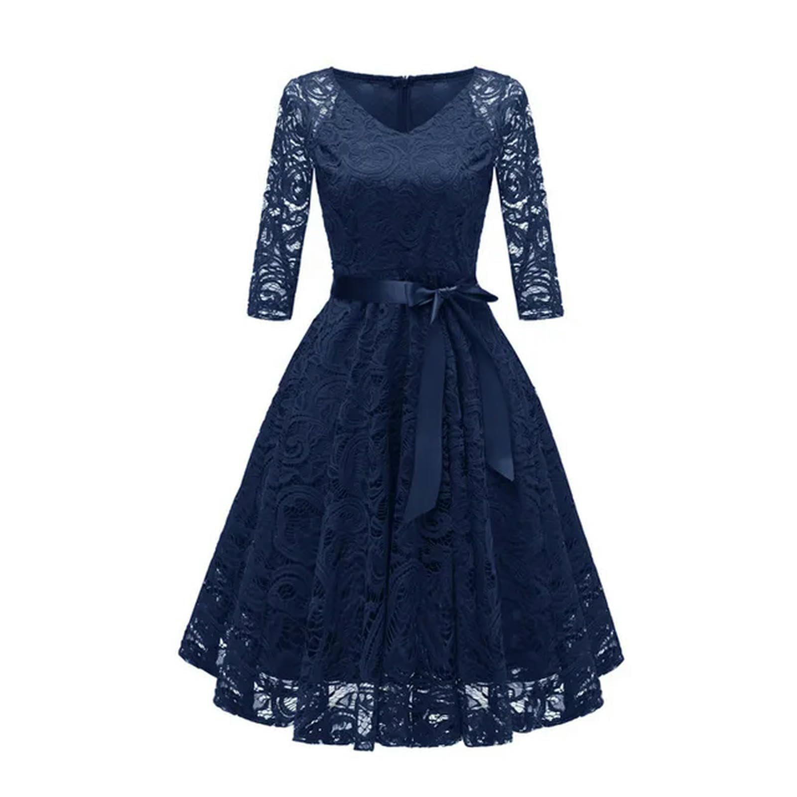 Generic Vestido de Encaje Vintage con Cuello en V y Manga 3/4, Vestido Rojo Elegante para Mujer, Vestidos de Fiesta de Noche calados