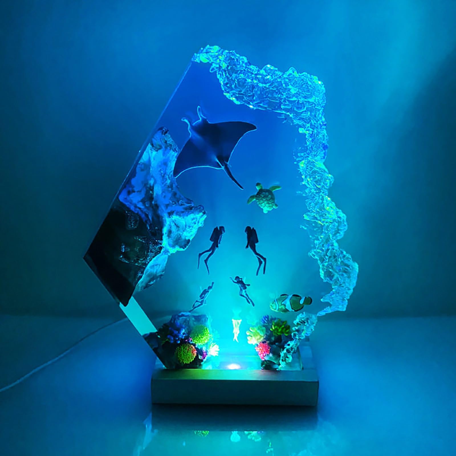 Lámpara de resina oceánica, luz LED 3D de mar profundo con base madera