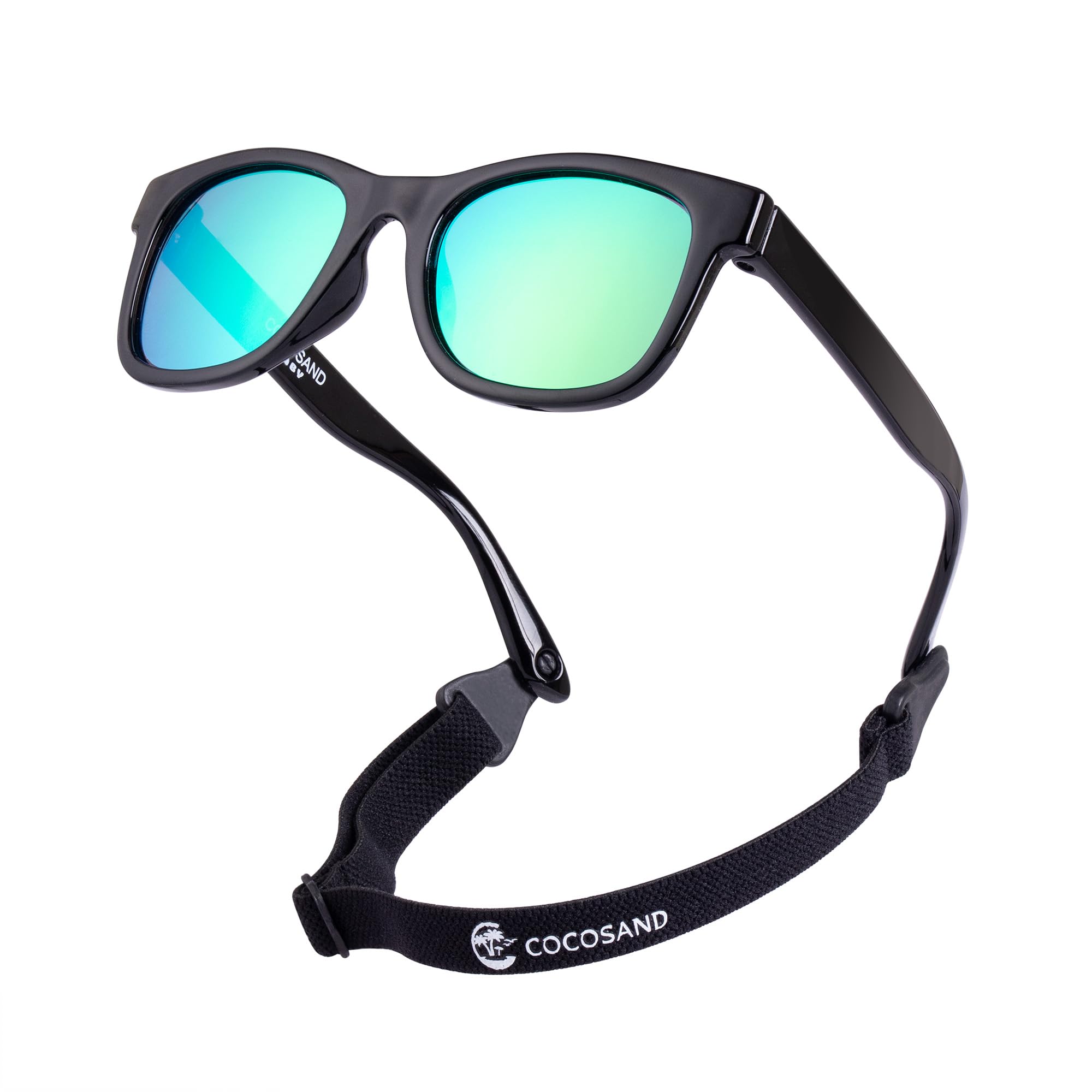 Flexible Polarized Baby Sunglasses with Strap | UV Protection, Bendable, For Toddler Infant Newborn Girl Boy, Age 0-24 Months TPE Bright Black With Green Lens