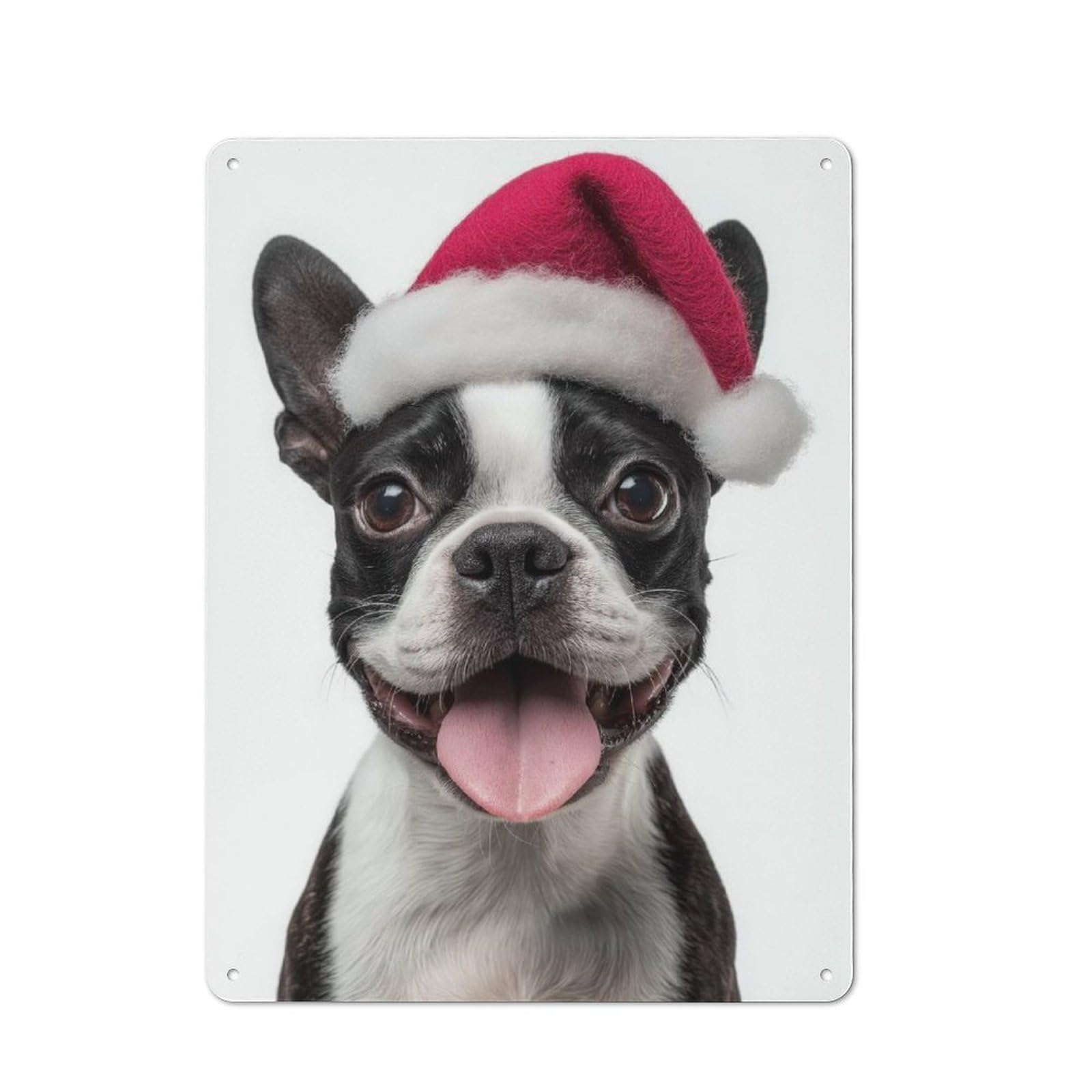 Junmoney Festive Boston Terrier With Santa Hat Retro Metal Plaque 40X30cm Featuring For Garage Wall, A Winter Wall Decor Update For Workshop Decor Fans