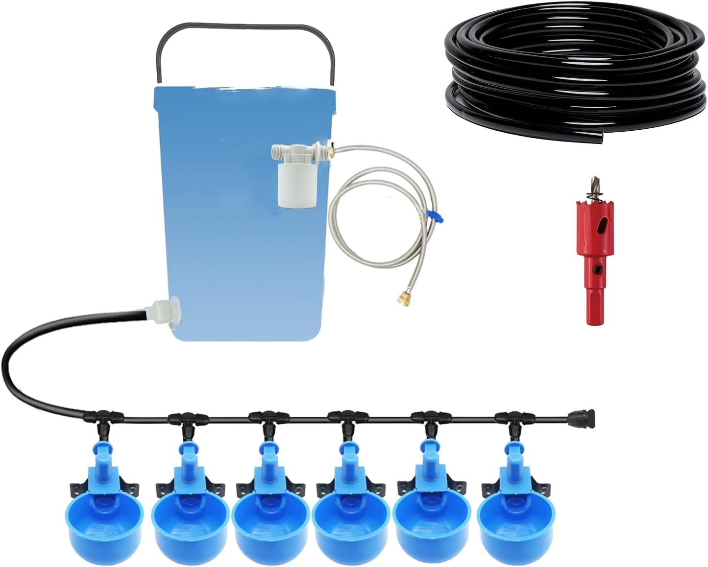 Automatic Chicken Waterer – Float Controlled 6 pcs Chicken Water Cups with Hose Fitting, No-Spill Chickens Watering System,Quick-Connect Poultry Water Dispenser.
