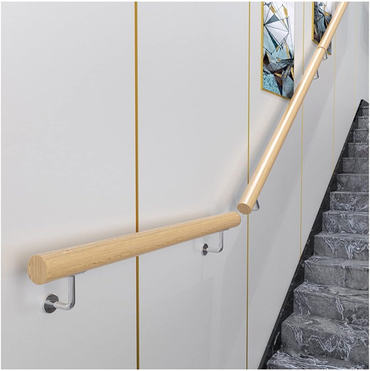 Stair Handrail, Wooden Handrail Complete Set Banister Anti-Slip Stair Railing With Metal Bracket