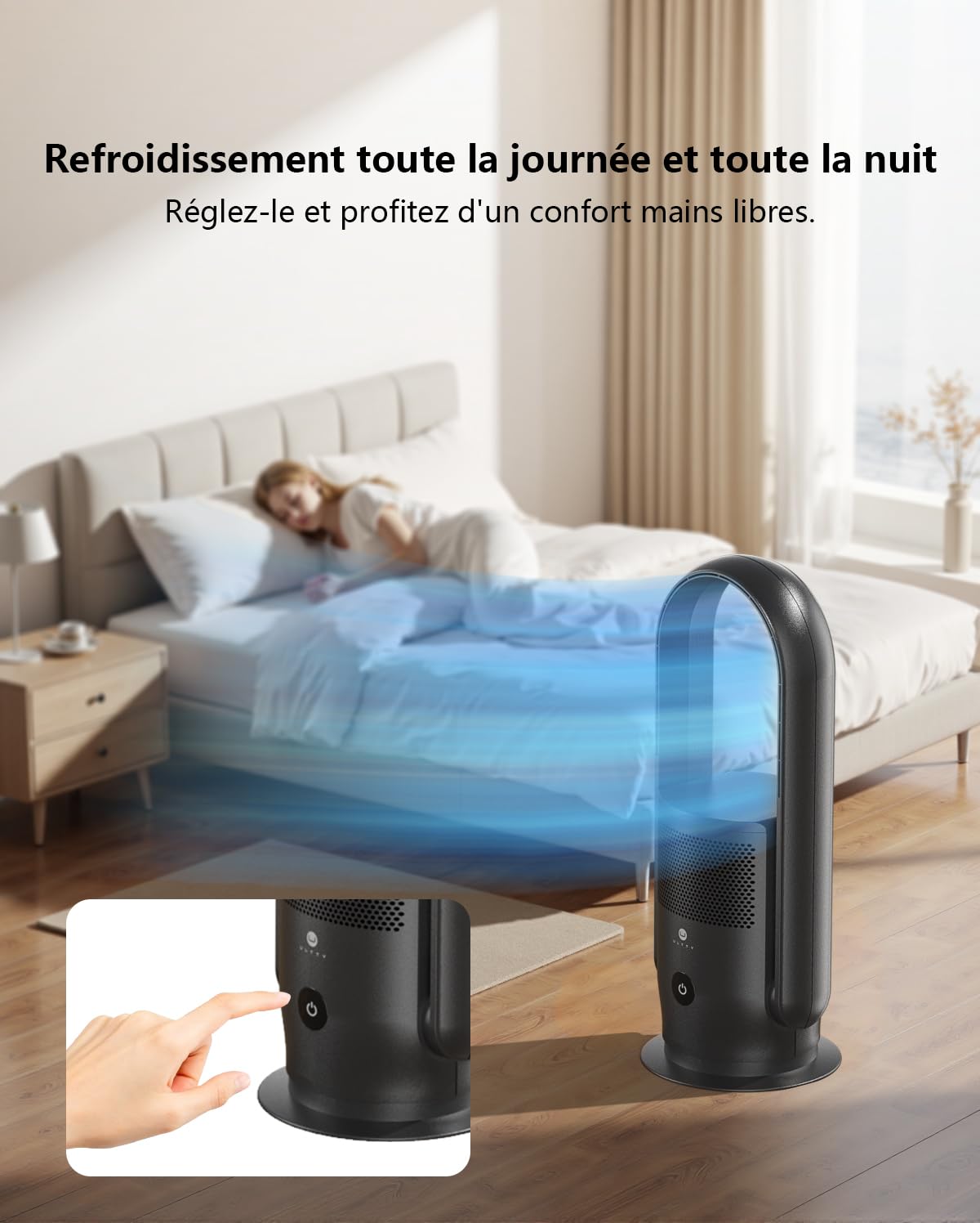 Ventilateur Tour Sans Pales, ULTTY Ventilateur avec Purificateur D'air Silencieux Avec H13 HEPA Filtre Télécommande, Hauteur 60 cm, Tower Fan pour Chambre à Coucher, Bureau, CR021 Noir