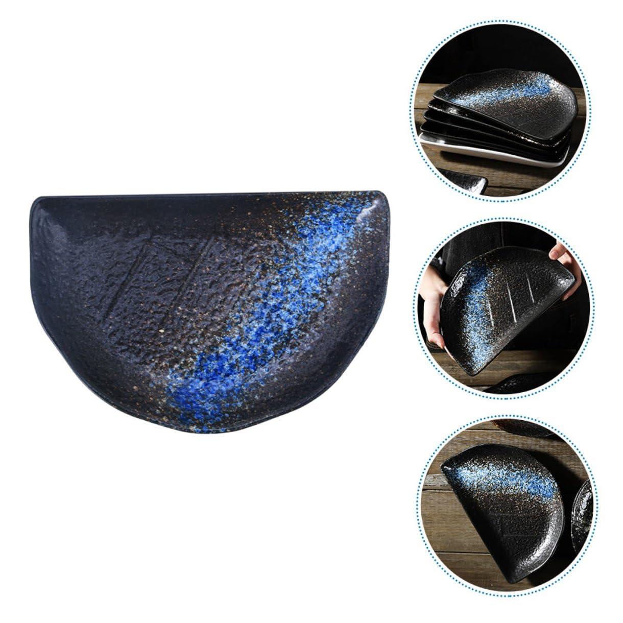 Assiette Demi-Lune Céramique Bleue Rétro pour Sushi et Snacks Plateau de Service pour Maison Restaurant et Hôtel Vaisselle Japonaise Élégante