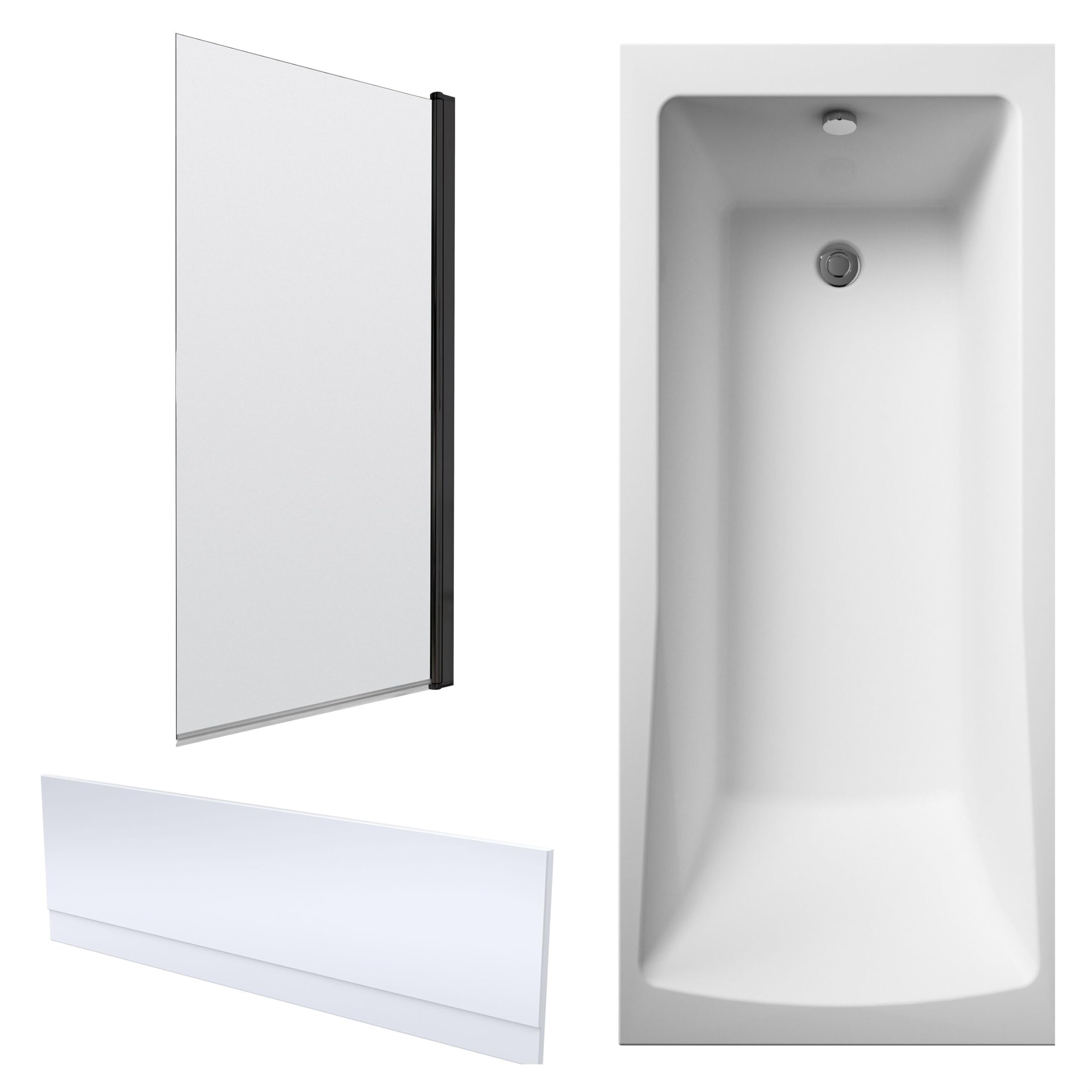Balterley 1700mm Square Shower Bath - Front Panel & Black Screen - Gloss White Panel, Black Profile