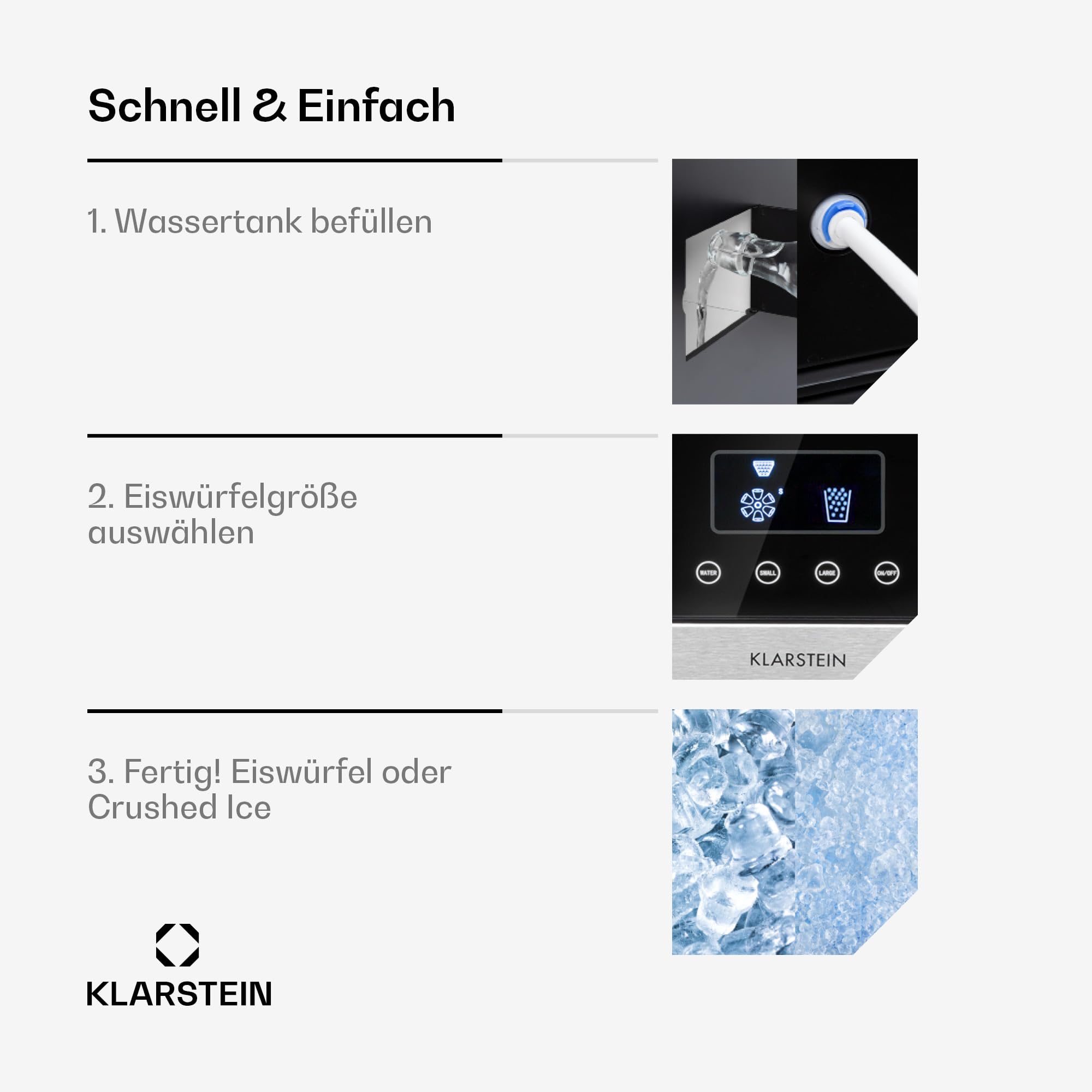 Klarstein Eiszeit Crush Eiswürfelmaschine Edelstahl/Silber – 1,8 L Tank, 15 kg/24 h, Eis in 12 Min, ~16 Würfel/Zyklus | Würfel & Crushed Ice, Touch-Display, Voll- & Wasser-Alarm