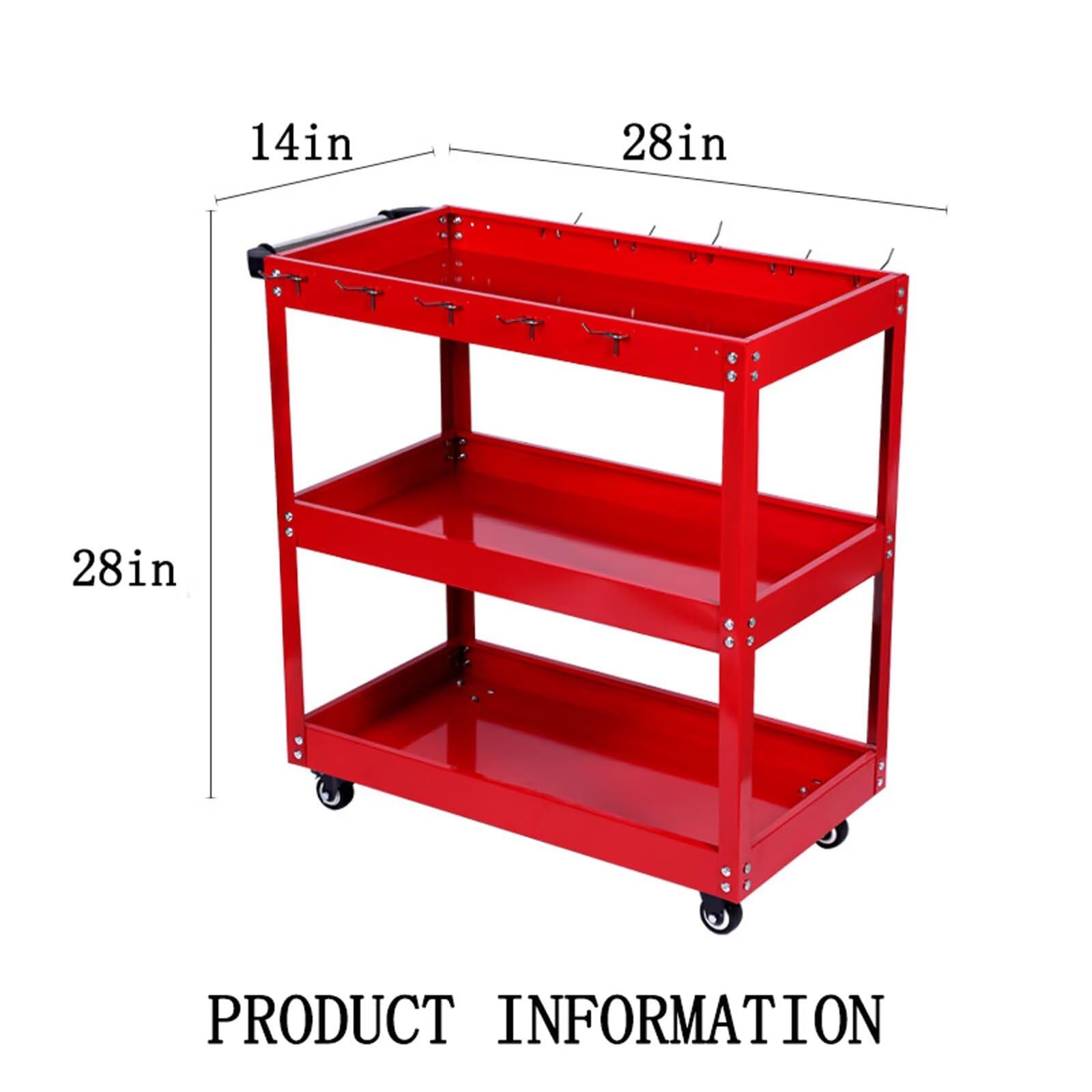 Carrello Portautensili Officina a 3 Ripiani Bordi Alti e 4 Rotelle Girevoli Per Bagno Cucina Camera da letto Soggiorno (28X14X28in) rosso
