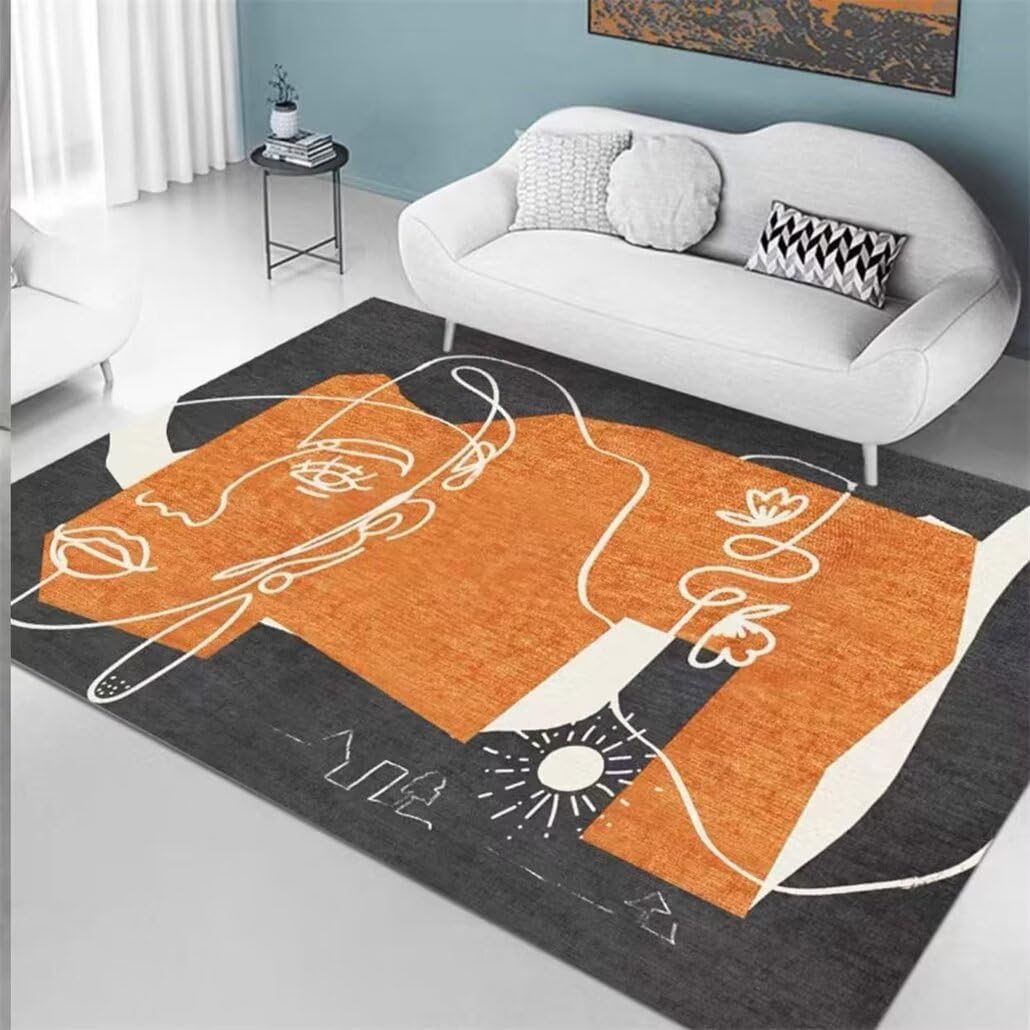 Tapis lavable en machine salon noir orange 60x110cm anti-acariens