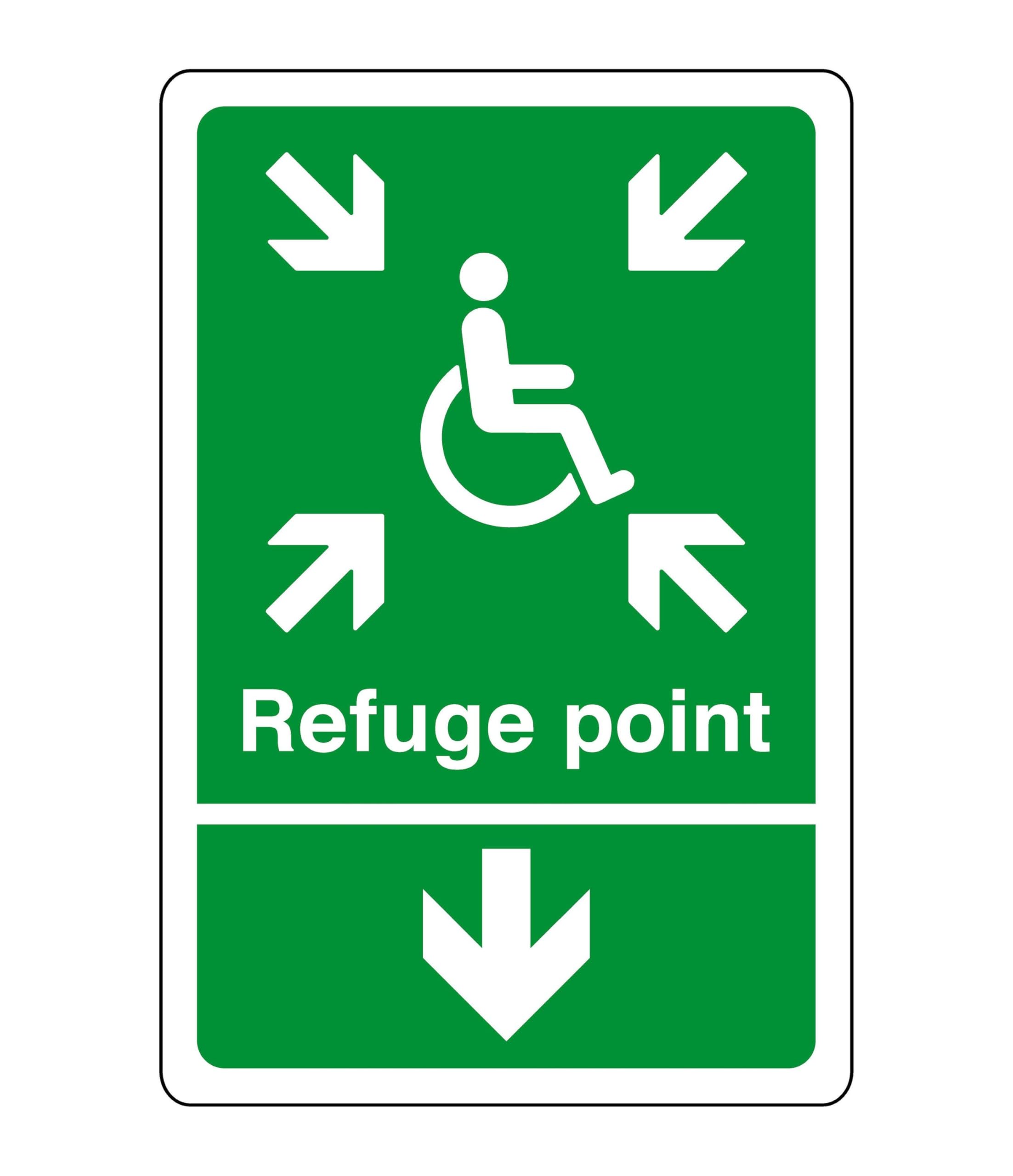 Safety First Display Ltd Green/White Safe Refuge Point Arrow Down - Safety Sign - Business Signs, Carpark Safety Signs - High Tack Self-Adhesive Sticker (200Mm X 150Mm) Viewing Distance Within 5M.