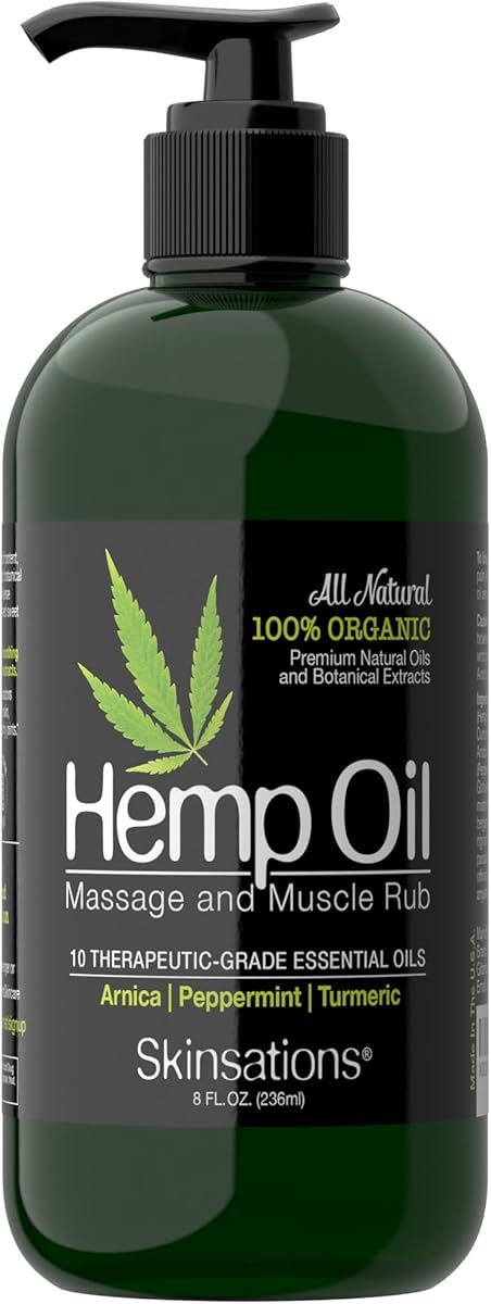 Skinsations – Hemp Massage Oil & Sore Muscle Rub | 100% Organic, 10 Essential Oils for Natural Relief, Arnica, Turmeric, Peppermint, Lavender in a Sweet Almond Oil and Hemp Seed Oil Base