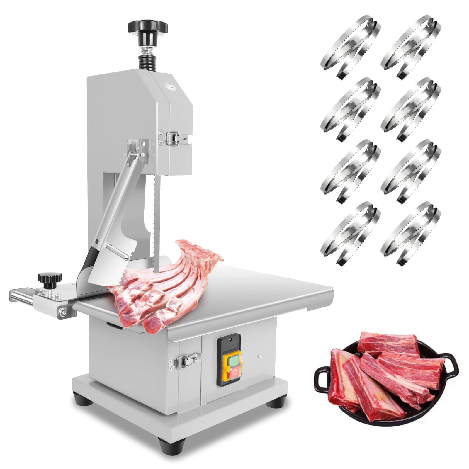 1000W Electric Meat Band Saw, Stainless Steel Tabletop Electric Bone Saw Machine with 8 Saw Blades, 0.4-4.3 Inch Cutting Thickness, 19x14in Table Sawing for Chicken Fish Trotter Beef (1000W)