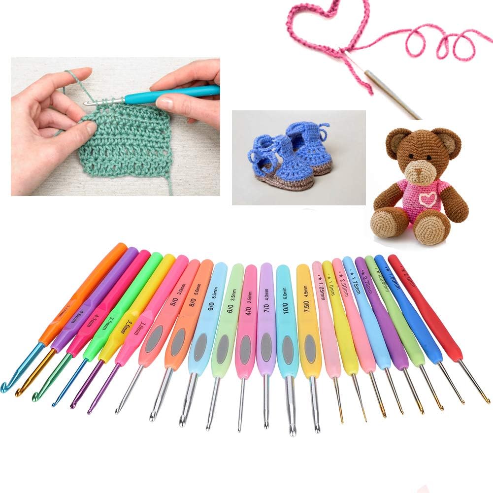 Kuuleyn 22Pcs Crochet Hooks,Yarn Hook Crochet,Aluminum Crochet Hook Set Soft Rubber Handle Crochet Hook Kit TPR Knitting Needles Set Weaving Knitting Tools
