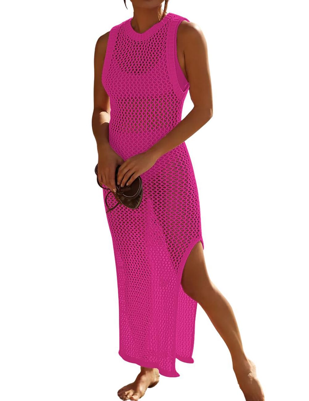 BsubseachCrochet Swim Coverup Sleeveless Knitted Cover Up Dress Backless Bikini Beach Dress