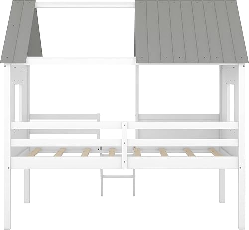 Miniatura 16 de Bellemave Cama individual para niños, marco de cama baja de madera con ventanas y techo, fácil montaje, para niñas y niños (blanco y marrón)
