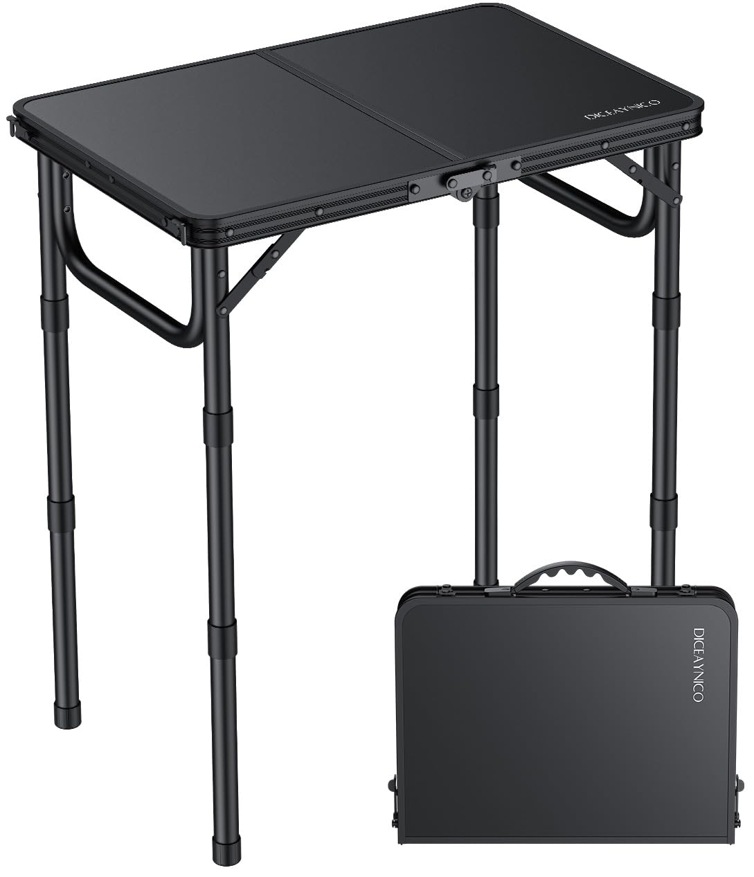Tavolo da Campeggio Pieghevole, 55,9x38,1 cm, 3 Altezze | Piano MDF nero a 2 pieghe, maniglia integrata, altezza max 69,9 cm, per picnic, pranzo, giardino, patio e feste