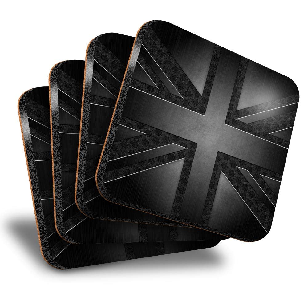 Destination Vinyl Ltd Great Coasters (Set of 4) Square - BW - Grunge Black British Union Jack Flag Drink Glossy Coasters/Tabletop Protection for Any Table Type #43004
