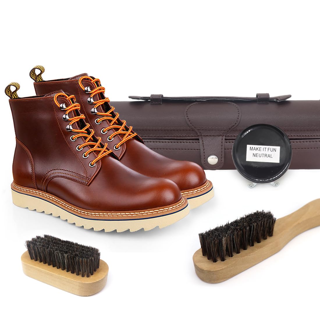 Kit d'Entretien de Chaussures 12 Pièces - Cirage Pour Cuir Avec Cire Marron et Noire, Brosses de Polissage - Compact, Marron