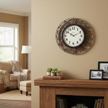 Westclox 12 Scroll Wall Clock with Open Filigree Frame, Black & Gold Finish, Metal Hands & Glass Lens (Black, 12)