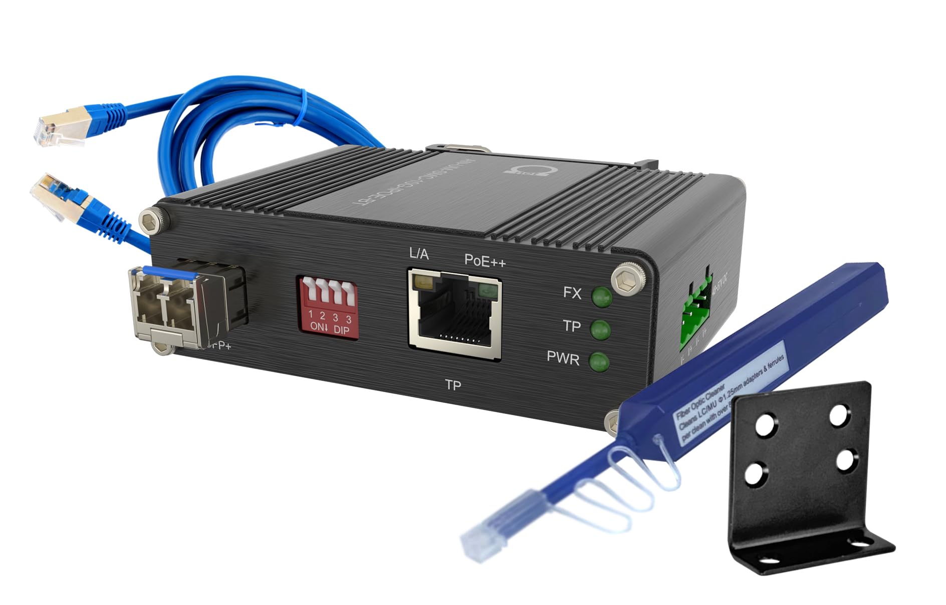 Single Mode 10GbE PoE++ Fiber Media Converter with SM LC SFP+ Module 1310nm, 20km (12.42mi) Range, 90W PoE, 802.3af/at/bt Compliant, DIN-Rail/Wall Mount, Wide Temp, Industrial-Grade 10Gb Ethernet