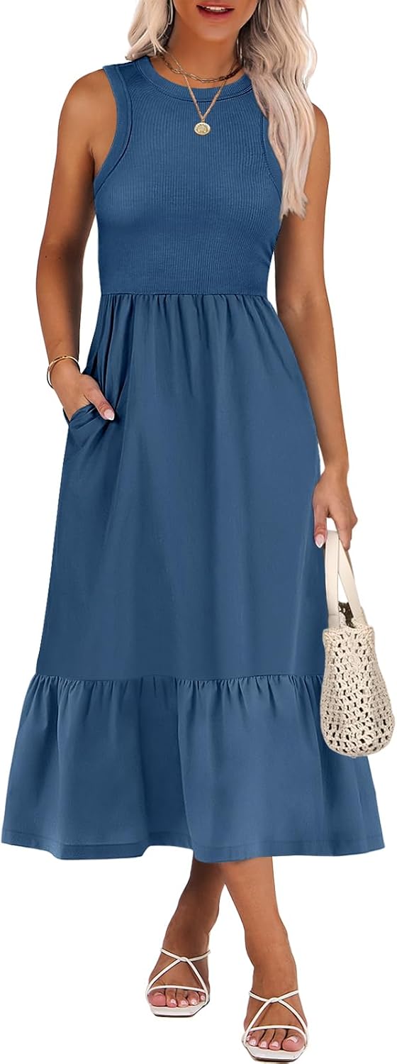 ANRABESS Women Midi Dresses 2026 Summer Casual Sleeveless Sundress High Neck Tank Top Racerback Flowy Beach Dress & Pockets
