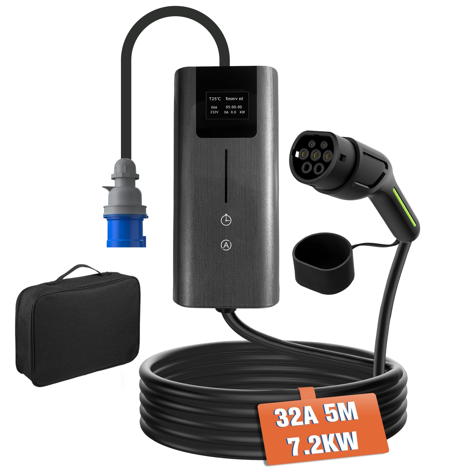 Junsun Cargador EV Portátil Tipo 2 7,2KW, Corriente Ajustable 8A-32A, Cargador para Coche Eléctrico con Cable 5M, Compatible con 220V-240V, Cable de Carga EV con Bolsa