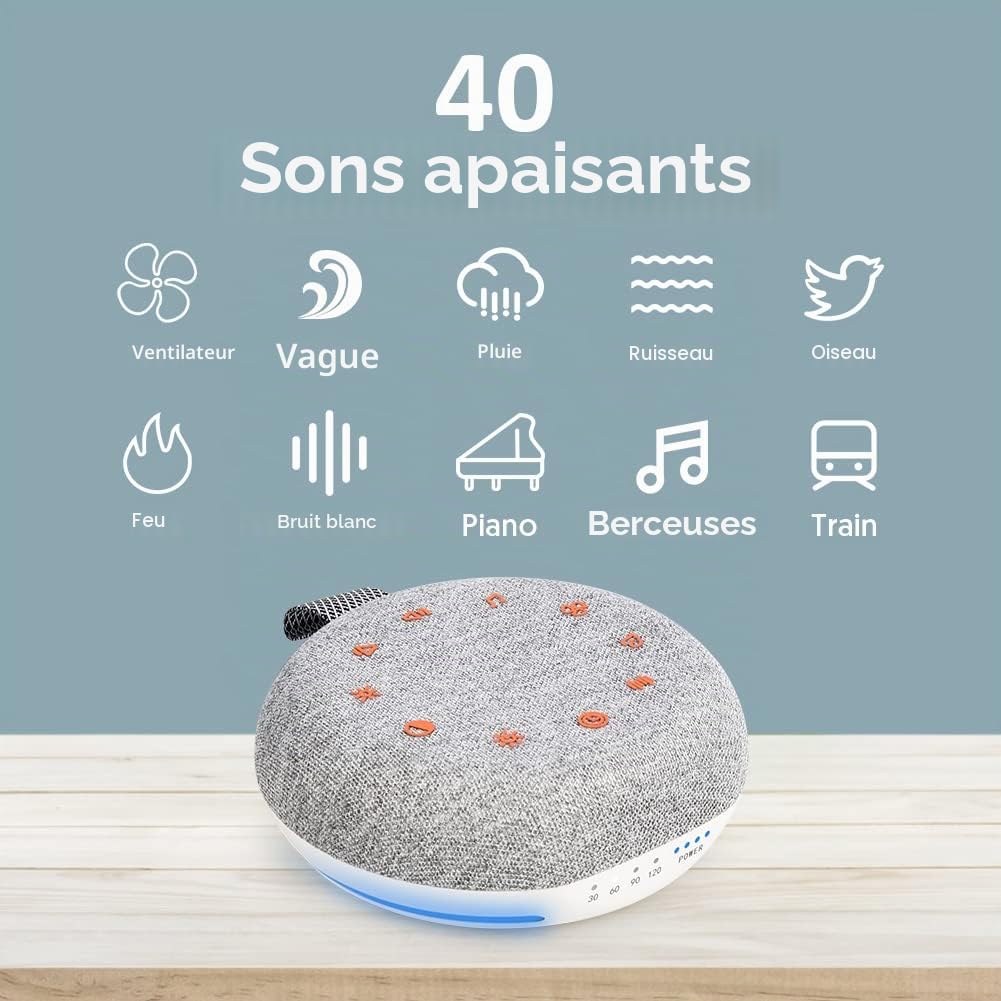 Machine à bruit blanc portable 40 sons apaisants rechargeable USB minuterie sonore veilleuse