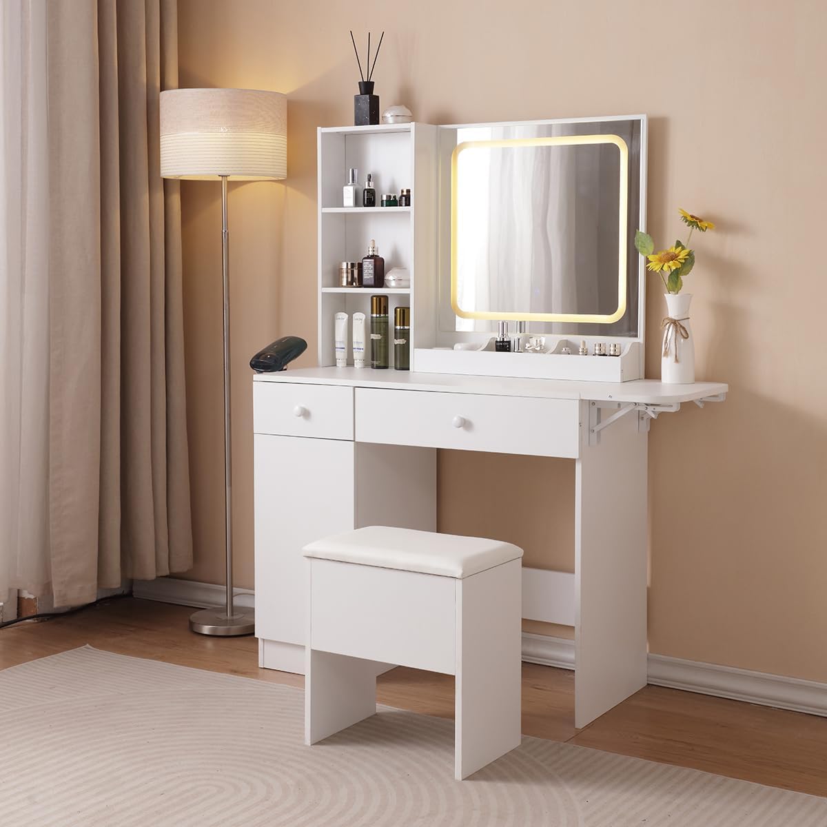 Makeup Vanity Desk with Lighted Mirror & Power Outlet, with Drawers and Large Storage Cabinet for Bedroom, 3 Lighting Modes Adjustable Brightness, Storage Stool, White